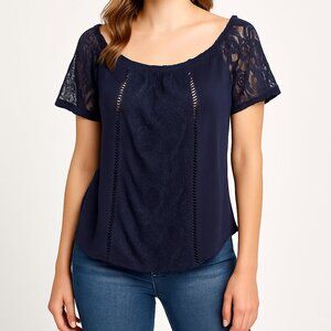 Umgee Navy Blue Ruched Embellished Blouse Lace Sleeves Boho Coastal Off Shoulder